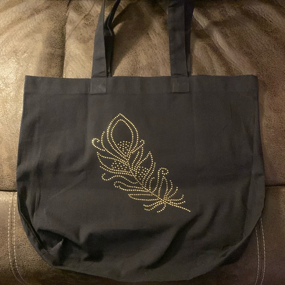 Elegant Black Tote Bag with Gold Feather Design